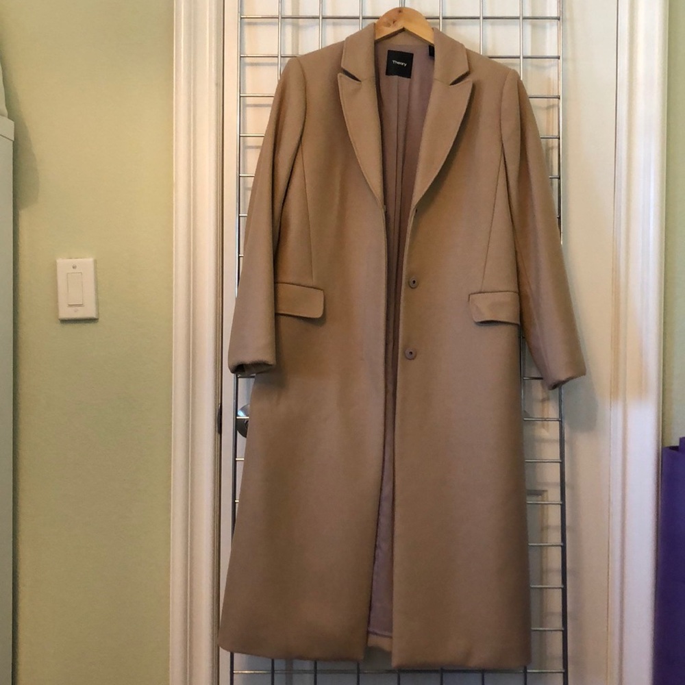 Theory tan long wool coat